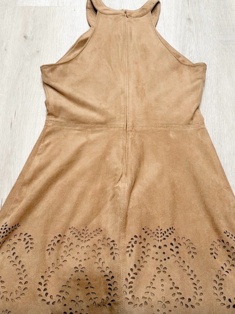 Women’s Tan Suede Halter Dress with Laser-Cut Hem